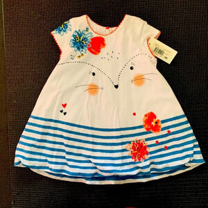 catimini dress 9 mo girl floral cat face bubble hem sailor stripes